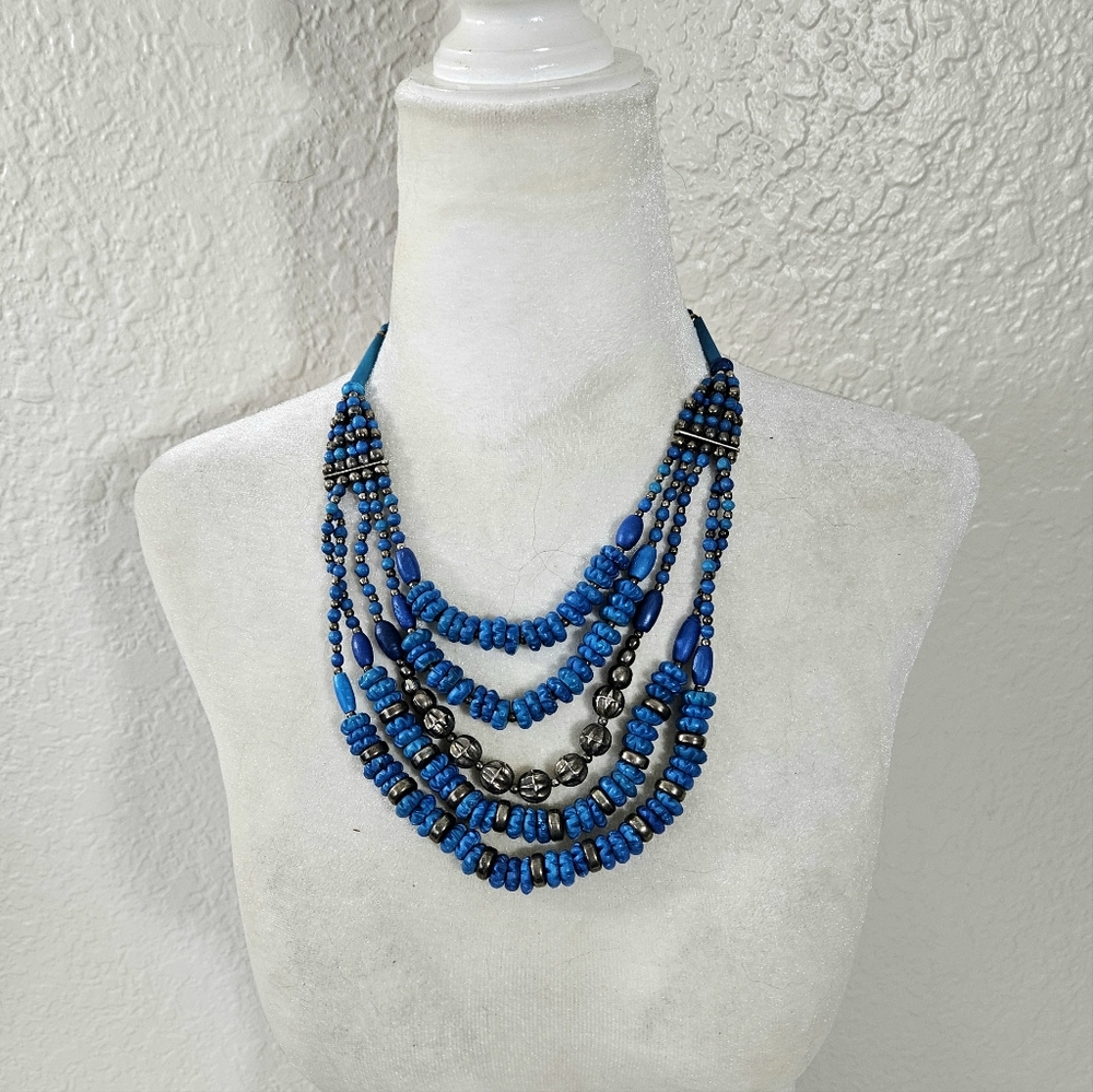 Bohemian Style Blue Beaded Multi Strand Necklace